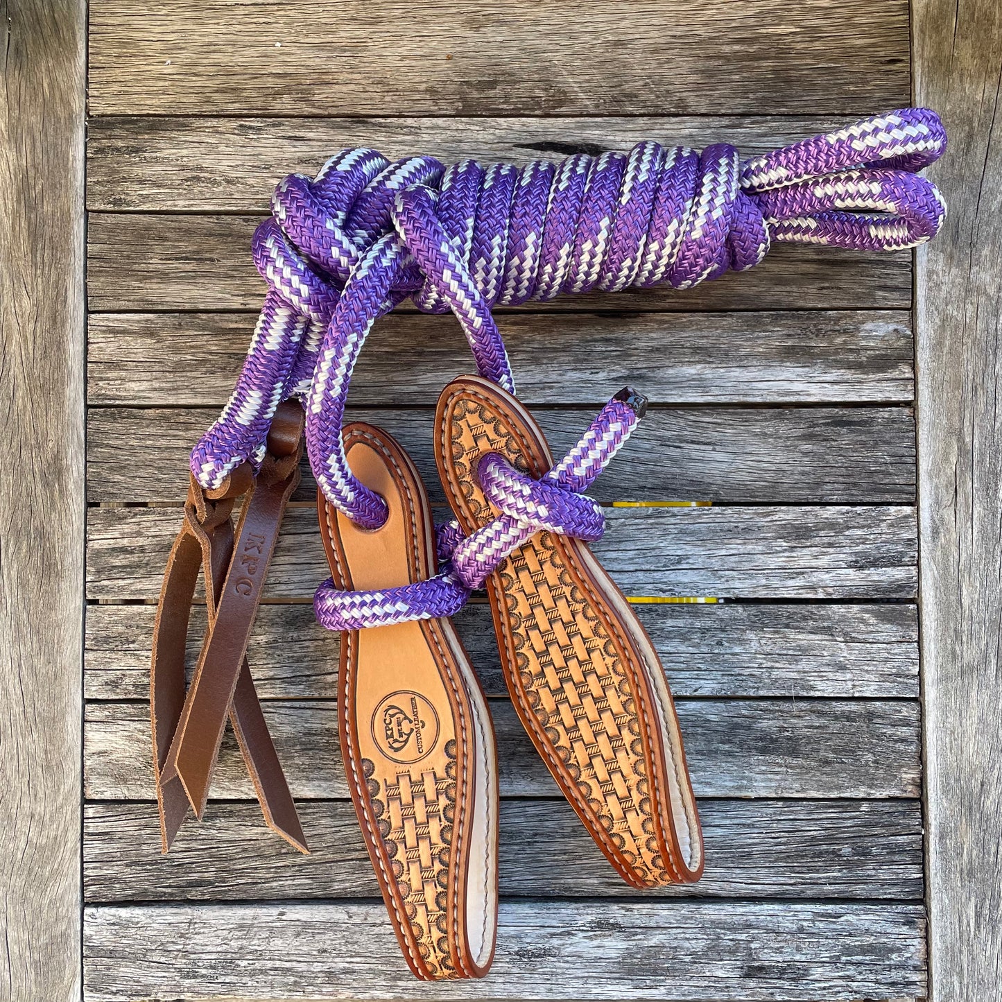 Purple/White Split Reins with Slobber Straps (7ft)